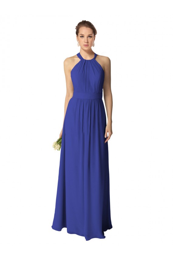 Günstige Königsblau A-Linien Neckholder Chiffon Lange Brautjungfernkleider