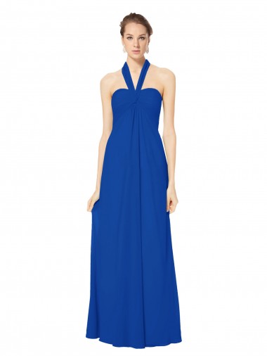 Günstige Königsblau A-Linien Neckholder Chiffon Lange Brautjungfernkleider