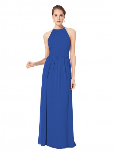 Günstige Königsblau A-Linien Neckholder Chiffon Lange Brautjungfernkleider
