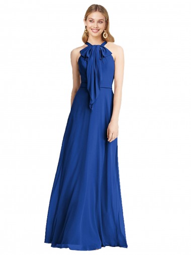 Günstige Königsblau A-Linien Neckholder Chiffon Lange Brautjungfernkleider