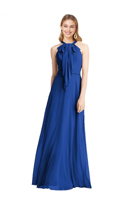 Günstige Königsblau A-Linien Neckholder Chiffon Lange Brautjungfernkleider