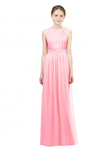 Günstige Lachs A-Linien Neckholder Chiffon Lange Brautjungfernkleider