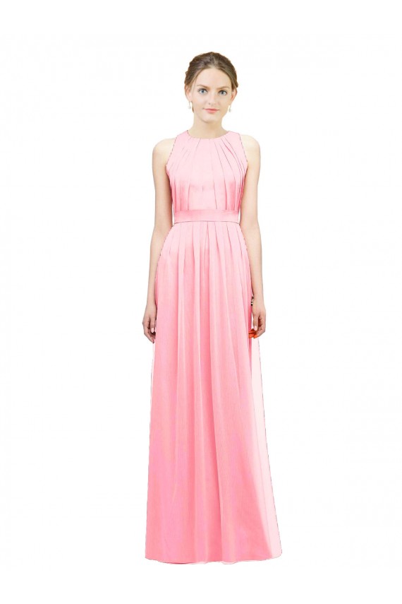 Günstige Lachs A-Linien Neckholder Chiffon Lange Brautjungfernkleider