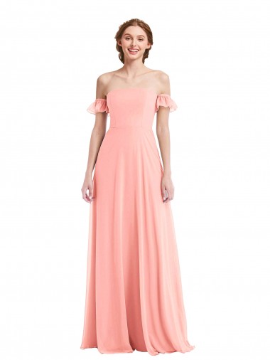 Günstige Lachs A-Linien Off-Schulter Chiffon Lange Brautjungfernkleider