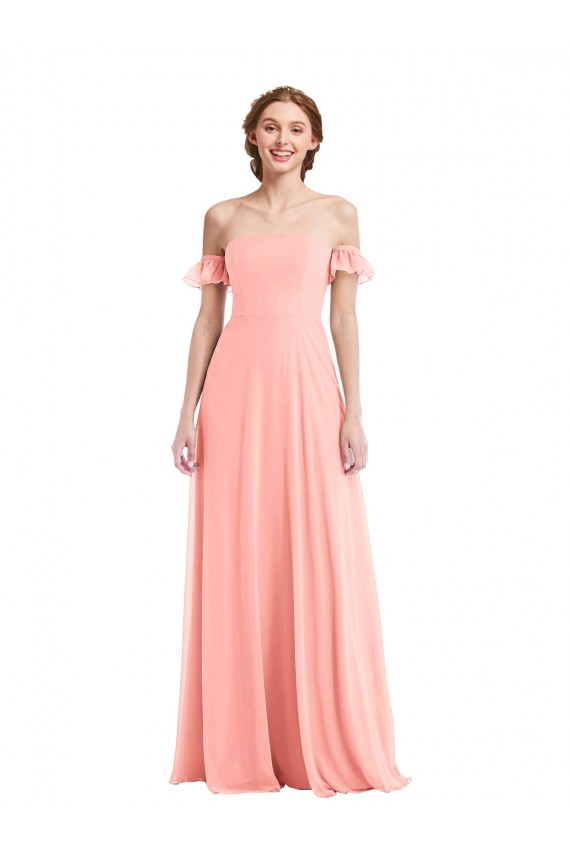 Günstige Lachs A-Linien Off-Schulter Chiffon Lange Brautjungfernkleider