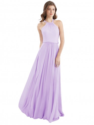 Günstige Lila A-Linien Neckholder Chiffon Lange Brautjungfernkleider
