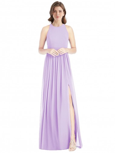Günstige Lila A-Linien Neckholder Chiffon Lange Brautjungfernkleider