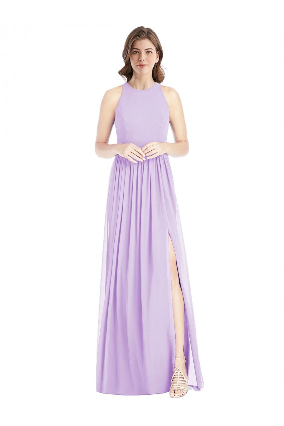 Günstige Lila A-Linien Neckholder Chiffon Lange Brautjungfernkleider