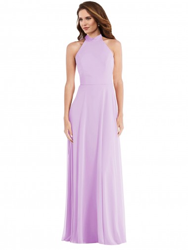 Günstige Lila A-Linien Neckholder Chiffon Lange Brautjungfernkleider
