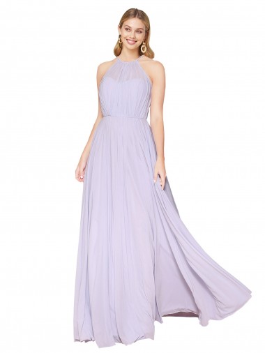 Günstige Lila A-Linien Neckholder Stehkragen Ausschnitt Chiffon Lange Formale Brautjungfernkleider / Abendkleider / Abiballkleider