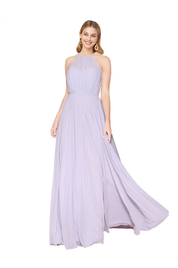 Günstige Lila A-Linien Neckholder Stehkragen Ausschnitt Chiffon Lange Formale Brautjungfernkleider / Abendkleider / Abiballkleider