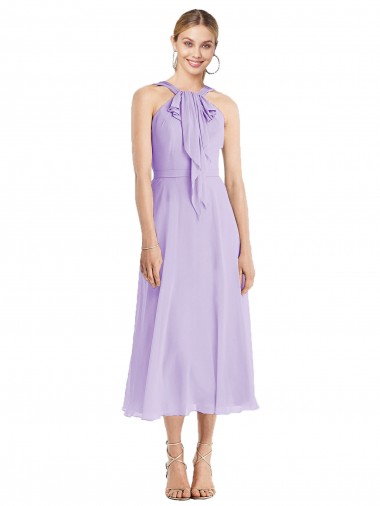 Günstige Lila A-Linien Neckholder Wadenlang Chiffon Kurze Brautjungfernkleider / Cocktailkleider