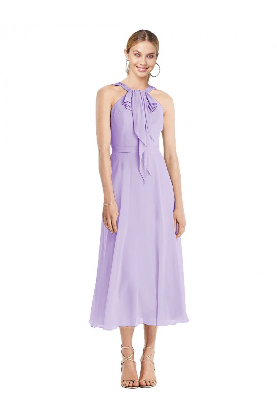Günstige Lila A-Linien Neckholder Wadenlang Chiffon Kurze Brautjungfernkleider / Cocktailkleider
