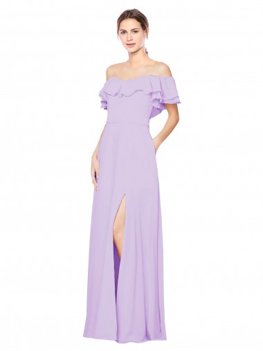 Günstige Lila A-Linien Off-Schulter Trägerlos Chiffon Lange Brautjungfernkleider