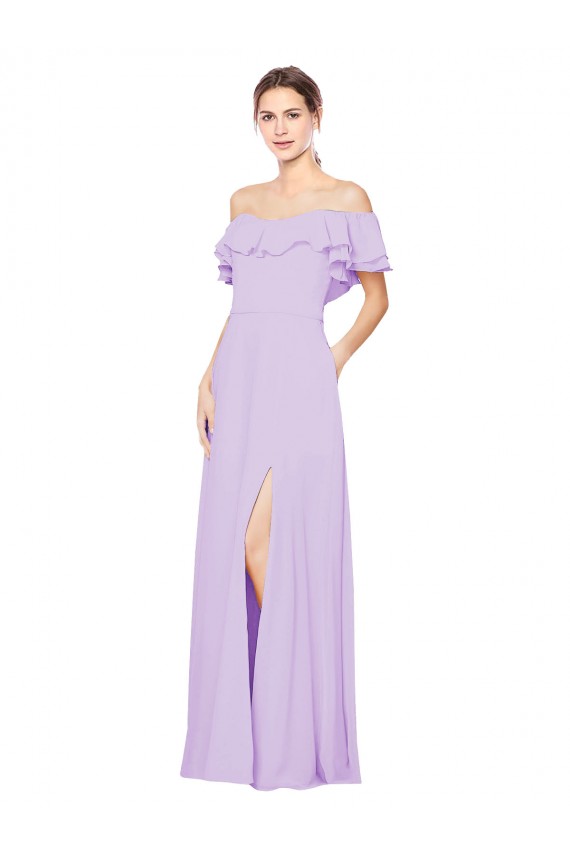 Günstige Lila A-Linien Off-Schulter Trägerlos Chiffon Lange Brautjungfernkleider