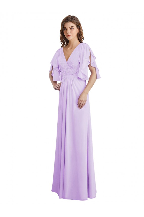 Günstige Lila A-Linien V-Ausschnitt Chiffon Lange Brautjungfernkleider