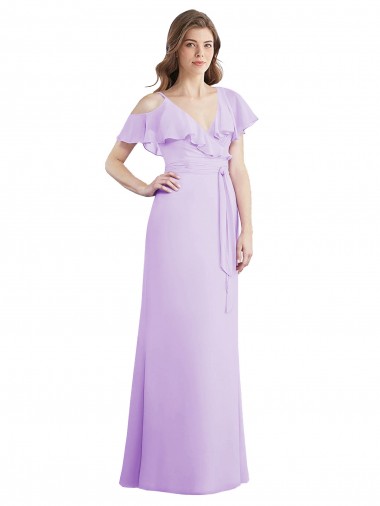 Günstige Lila A-Linien V-Ausschnitt Chiffon Lange Brautjungfernkleider