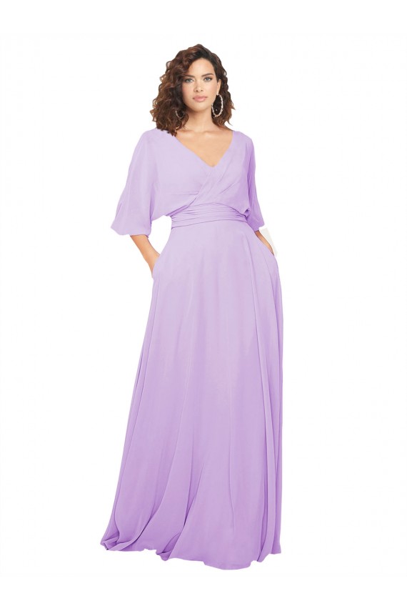 Günstige Lila A-Linien V-Ausschnitt Chiffon Lange Brautjungfernkleider