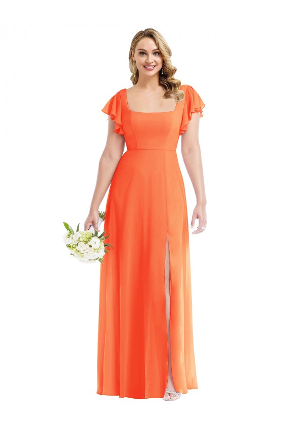 Günstige Mandarinen-Tango A-Linien Quadrat Ausschnitt Chiffon Lange Brautjungfernkleider