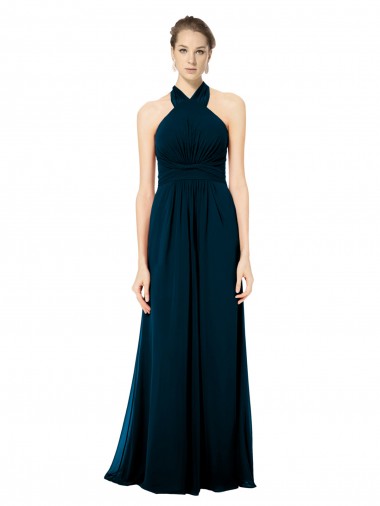 Günstige Mitternachtsgrün A-Linien Neckholder Chiffon Lange Brautjungfernkleider