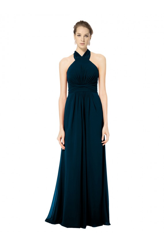 Günstige Mitternachtsgrün A-Linien Neckholder Chiffon Lange Brautjungfernkleider