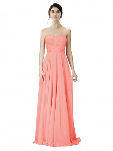 Günstige Peach A-Linien Trägerlos Chiffon Lange Brautjungfernkleider
