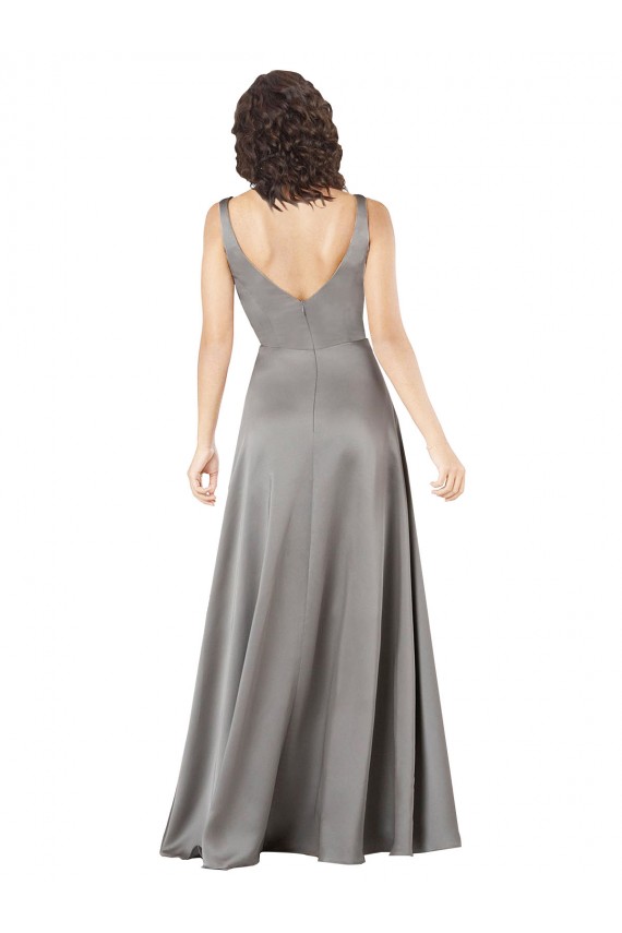 Günstige Pearl Grey A-Linien V-Ausschnitt Seidiger Satin Lange Formale Brautjungfernkleider / Abendkleider / Abiballkleider