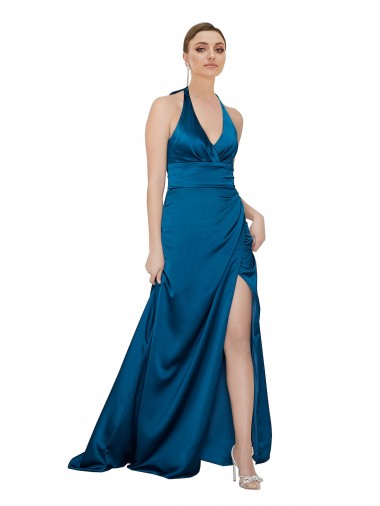 Günstige Pfauenblau A-Linien Neckholder Seidiger Satin Lange Formale Brautjungfernkleider / Abendkleider / Abiballkleider