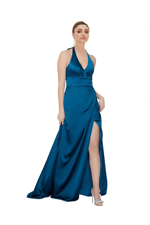 Günstige Pfauenblau A-Linien Neckholder Seidiger Satin Lange Formale Brautjungfernkleider / Abendkleider / Abiballkleider