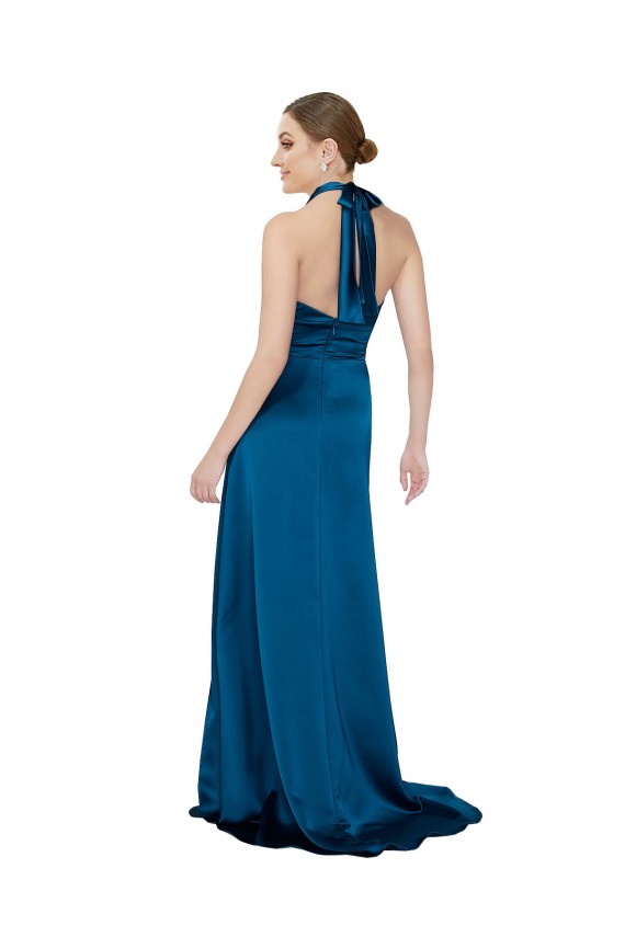 Günstige Pfauenblau A-Linien Neckholder Seidiger Satin Lange Formale Brautjungfernkleider / Abendkleider / Abiballkleider