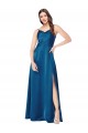 Günstige Pfauenblau A-Linien Spaghetti-Träger Haube Ausschnitt Seidiger Satin Lange Formale Brautjungfernkleider / Abendkleider / Abiballkleider