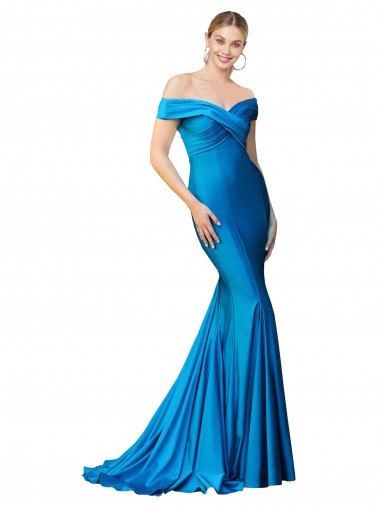 Günstige Pfauenblau Meerjungfrau Off-Schulter Satin Lange Formale Brautjungfernkleider / Abendkleider / Abiballkleider