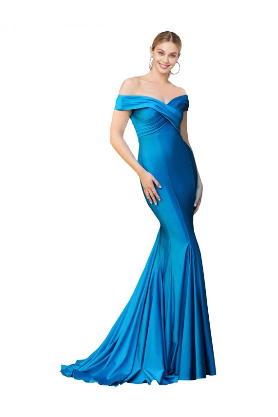 Günstige Pfauenblau Meerjungfrau Off-Schulter Satin Lange Formale Brautjungfernkleider / Abendkleider / Abiballkleider