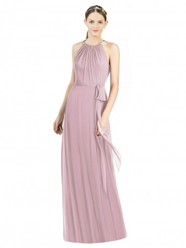 Günstige Primel A-Linien Neckholder Chiffon Lange Brautjungfernkleider