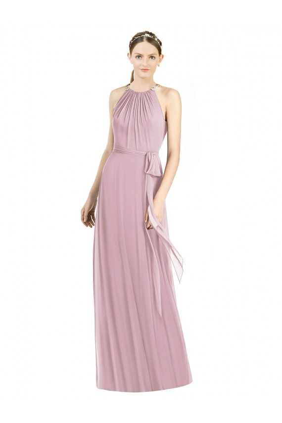 Günstige Primel A-Linien Neckholder Chiffon Lange Brautjungfernkleider