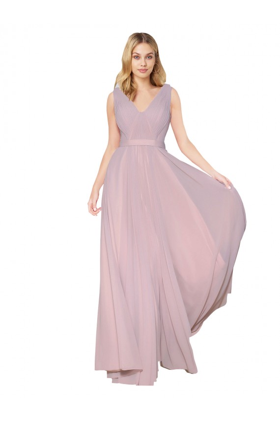 Günstige Primel A-Linien V-Ausschnitt Chiffon Lange Formale Brautjungfernkleider / Abendkleider / Abiballkleider