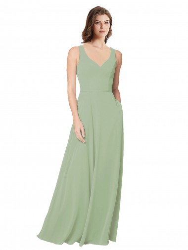 Günstige Rauchgrün A-Linien Chiffon Lange Brautjungfernkleider