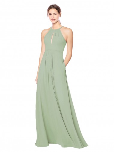 Günstige Rauchgrün A-Linien Neckholder Chiffon Lange Brautjungfernkleider
