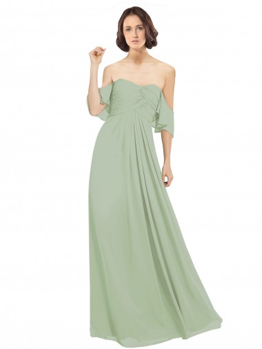 Günstige Rauchgrün A-Linien Off-Schulter Chiffon Lange Brautjungfernkleider