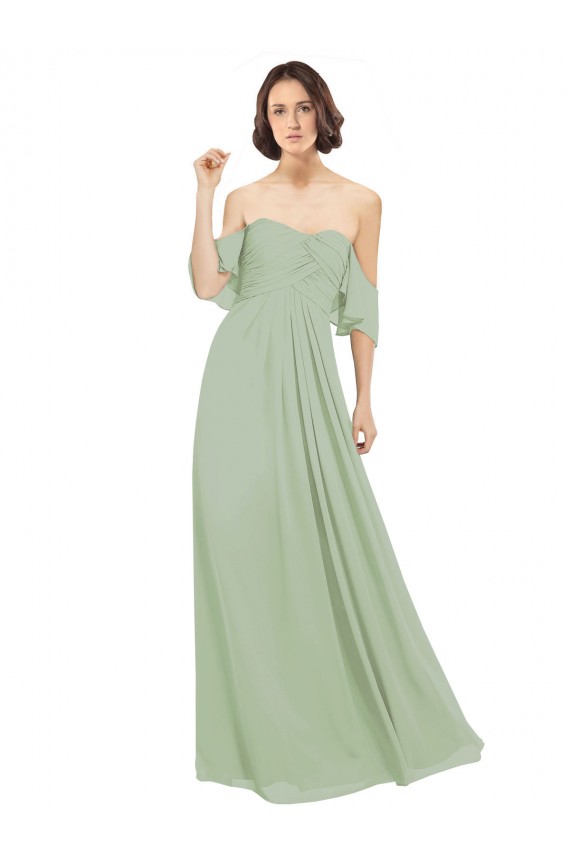 Günstige Rauchgrün A-Linien Off-Schulter Chiffon Lange Brautjungfernkleider