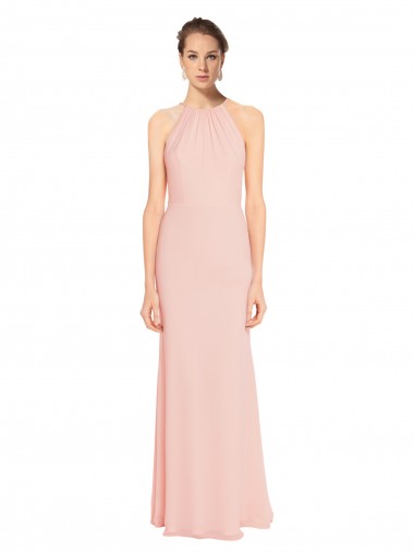 Günstige Rosa 114 A-Linien Spaghetti-Träger Neckholder Chiffon Lange Brautjungfernkleider