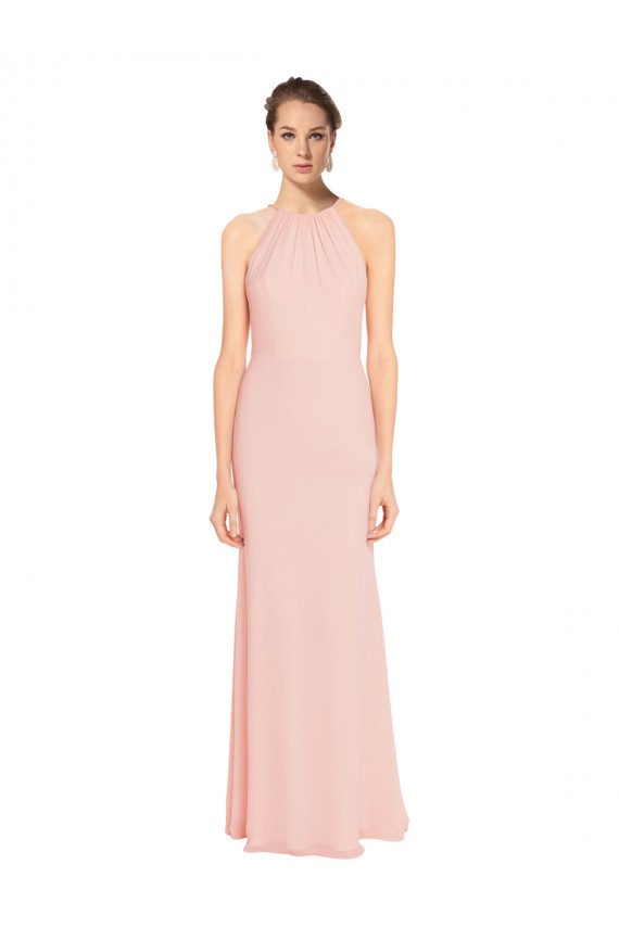 Günstige Rosa 114 A-Linien Spaghetti-Träger Neckholder Chiffon Lange Brautjungfernkleider