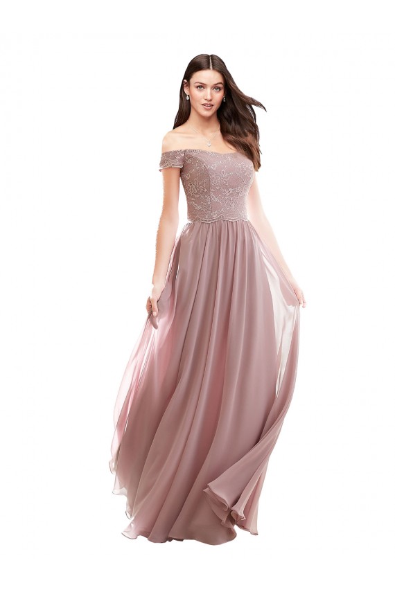 Günstige Rosa 147 A-Linien Off-Schulter Chiffon Spitze Lange Brautjungfernkleider