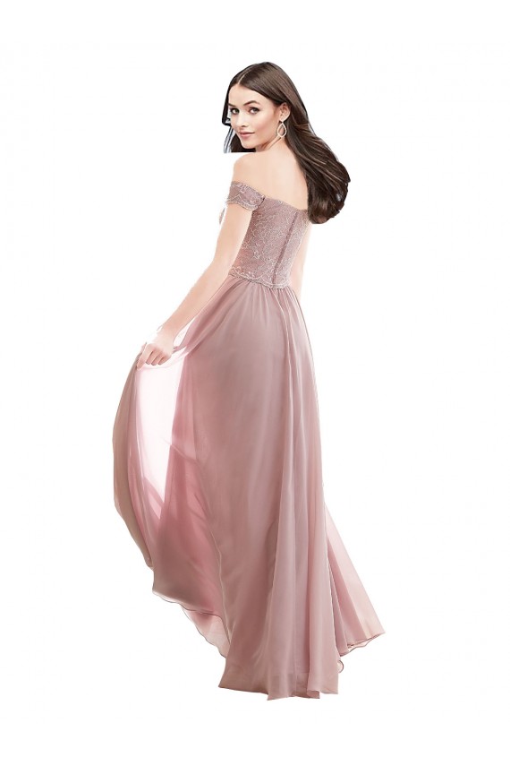 Günstige Rosa 147 A-Linien Off-Schulter Chiffon Spitze Lange Brautjungfernkleider