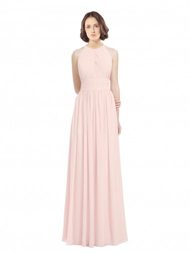 Günstige Rosa 42 A-Linien Neckholder Chiffon Lange Brautjungfernkleider