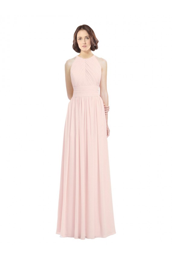 Günstige Rosa 42 A-Linien Neckholder Chiffon Lange Brautjungfernkleider