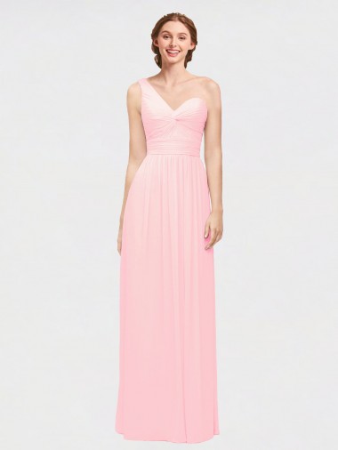 Günstige Rosa A-Linien Eine-Schulter Chiffon Lange Brautjungfernkleider