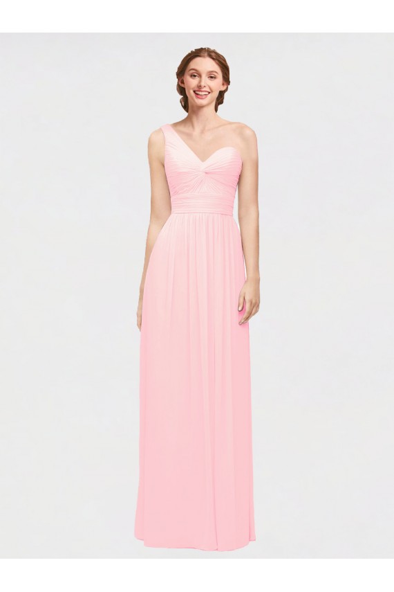 Günstige Rosa A-Linien Eine-Schulter Chiffon Lange Brautjungfernkleider