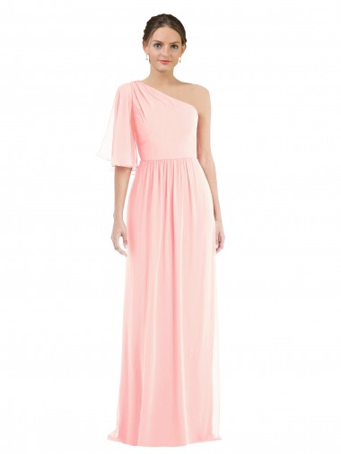 Günstige Rosa A-Linien Eine-Schulter Chiffon Lange Brautjungfernkleider