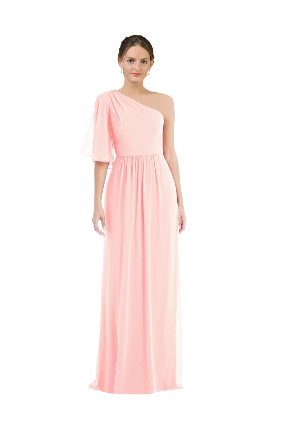 Günstige Rosa A-Linien Eine-Schulter Chiffon Lange Brautjungfernkleider
